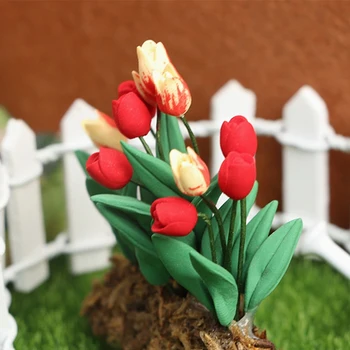1:12 Lutke Miniaturni Vrt Ornament Tulipani Zelenih Rastlin Cvetlični Vrt Lutke Dekoracijo 1
