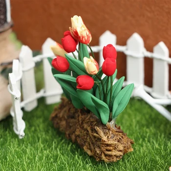1:12 Lutke Miniaturni Vrt Ornament Tulipani Zelenih Rastlin Cvetlični Vrt Lutke Dekoracijo 4