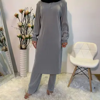 2021 Muslimanskih Oblačil Nove Modne Preprost Arabskem Čiste Barve Zavihanimi Muslimanskih Žensk Dve-delni Set Evropske Oblačila Abaya 1