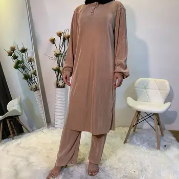 2021 Muslimanskih Oblačil Nove Modne Preprost Arabskem Čiste Barve Zavihanimi Muslimanskih Žensk Dve-delni Set Evropske Oblačila Abaya 3