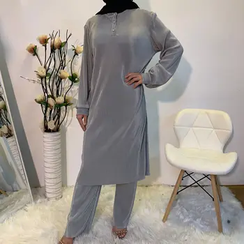 2021 Muslimanskih Oblačil Nove Modne Preprost Arabskem Čiste Barve Zavihanimi Muslimanskih Žensk Dve-delni Set Evropske Oblačila Abaya 5