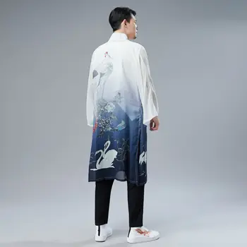 2021 Poletje Tanke Kitajskih Moških Šifon Jopico Mandarin Ovratnik Plus Velikost XL Haljo Obleki Stari Tiskanja Žerjav Japonski Kimono