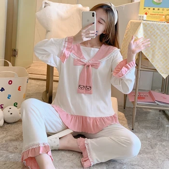 2022 Pomlad Sladko Lok Princesa Dolg Rokav Bombaž Pajama Kompleti za Ženske Sleepwear bo Ustrezala Pyjama Homewear Pijama Mujer Domov Oblačila