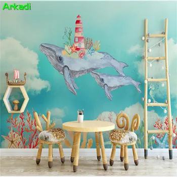 3D Nordijska Ustvarjalne Akvarel Ocean Kita v Ozadju Stene Otroke, Soba Za Otroke Natisnjena Fotografija Zidana Spalnica Doma Dekor Živali 2