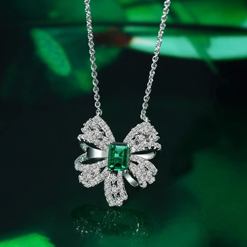 925 Sterling Srebro Verige Luksuznih Smaragdno Bowknot Diamantna Ogrlica Za Ženske Peneče Poroko Udejstvovanje Stranka Fine Nakit
