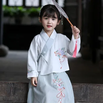 Dekleta Kitajski Nacionalni Slog Tiskanja Določa Vezenje 2PCS bo Ustrezala Otrok Tradicionalnih Tang Dinastije Dekle Hanfu Oblačila Toplo Telovnik Plašč