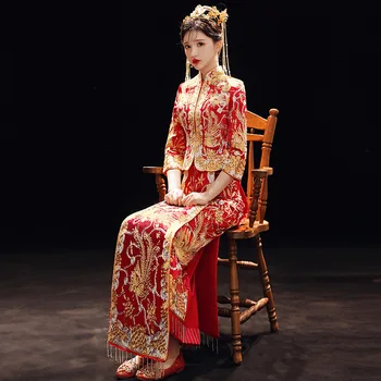 Elegantne Ženske Mandarin Ovratnik Kitajski Stil Poroke Cheongsam Lepe Phoenix Vezenje Poročno Obleko Свадебное платье