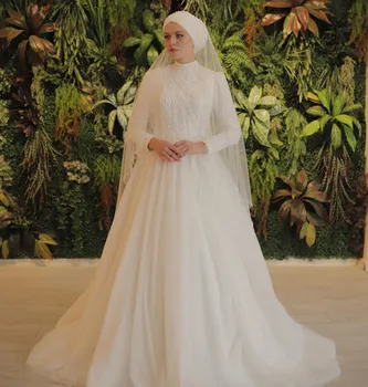 Funyue Nove Elegantne Dolge Rokave Hidžab Nevesta Obleko Luksuzni Kroglice Til Bela Muslimanskih Poročno Obleko Haljo De Mariee Poročne Obleke 2023