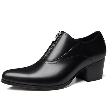 Moške cowhide opozoril-toe čevlji korejski trend visokih petah modni frizerski salon čevlji zadrgo ročno zašiti višina-krepitev moški čevlji