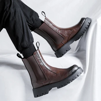 moški modni visoki dimnik škornji črni, rjavi čevlji fazi nočni klub obleko kavboj original usnje platformo boot dolgo chelsea botas