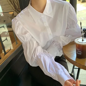 Nepakirana Trdna Bele Majice za Ženske Modni Puff Rokav Zavoj navzdol Ovratnik OL Slog Bluzo Priložnostne korejski Gumb All-ujemajo z Vrhovi Nova 0