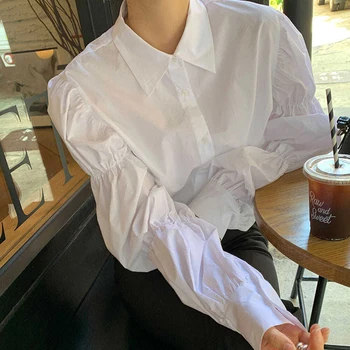 Nepakirana Trdna Bele Majice za Ženske Modni Puff Rokav Zavoj navzdol Ovratnik OL Slog Bluzo Priložnostne korejski Gumb All-ujemajo z Vrhovi Nova 3