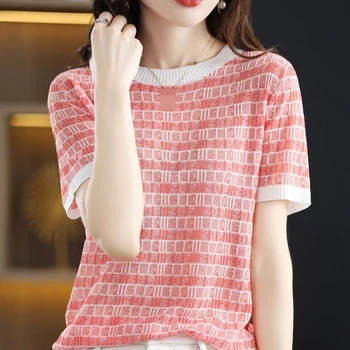 Poletje nova kratka sleeved majica s kratkimi rokavi ženske okoli vratu barve priložnostne korejski pulover pleten top dno majica