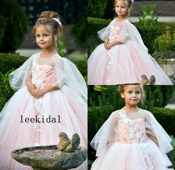 Princess Pink Roža Punca Obleke Hči Malčka Precej Otroci Praznik Prvega Svetega Obhajila Obleko Dragulj Vratu Til Dolgo Prom Obleke