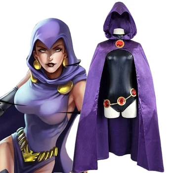 Teen Titans Super Junak Krokar Cosplay Kostum Ženske Črna Obleka, Vijolična Hooded Plašč Jumpsuits Halloween Kostum