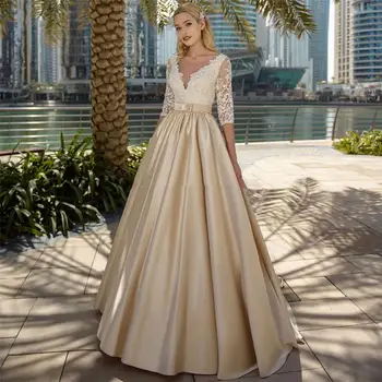 vestidos de noiva Elegantno Šampanjec Pol Rokavi Čipke 2020 Poročne Obleke Satena Z Bowknot Poročne Oblek po Meri Skromen