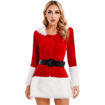 Ženska Božični Kostumi Santa Claus Vlogo Igrajo Obleko Zadrgo V Vratu Long Sleeve Hooded Obleko Specializiranimi Za Umetno Krzno Prirezovanja Žamet Obleke
