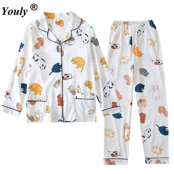 Ženske 2 Kosa Sleepwear 100% Bombažno Pižamo Nastavite 2021 jeseni Cvjetnim Natisne Preprost Mehko Dolgimi rokavi, Hlače, Pižame Homewear Obleko
