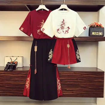 Ženske Kitajski Oblačila Hanfu Obleko Japonski Kimono Zmaj Vezenje, Tiskanje Kratka Sleeved Širok Noge Hlače Prijateljice Obleko Poletje